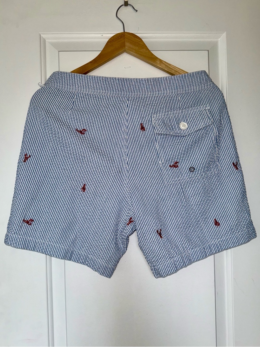 J. Crew Blue and White Seersucker Lobster Embroidered Swim Trunks - EUC - Picture 4 of 5